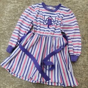 Vintage Health-Tex Casual Long Sleeve Dress, Pink Purple Stripes Cat‎ 1980s, 4T
